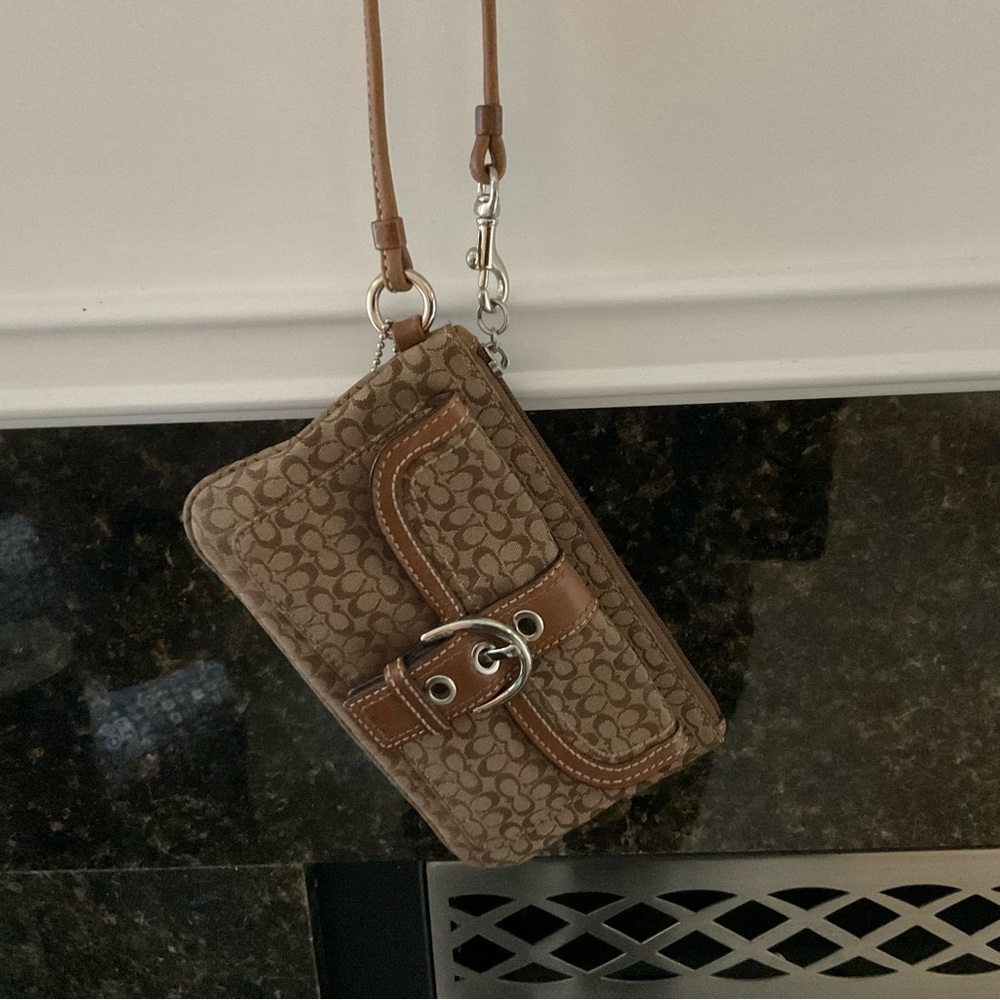 Coach Brown Clutch with Wristlet and Metallic Accents